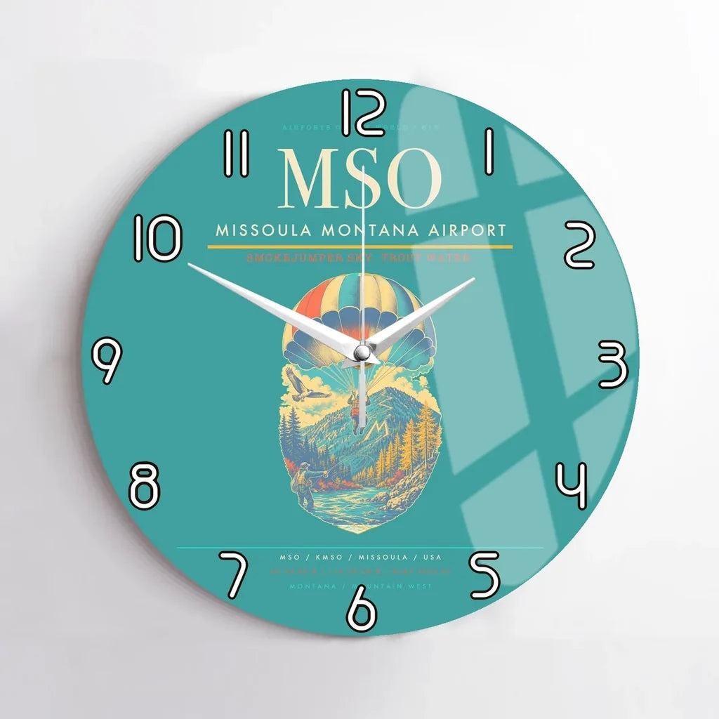 Missoula Montana Airport (MSO) design on turquoise no frame wall clock