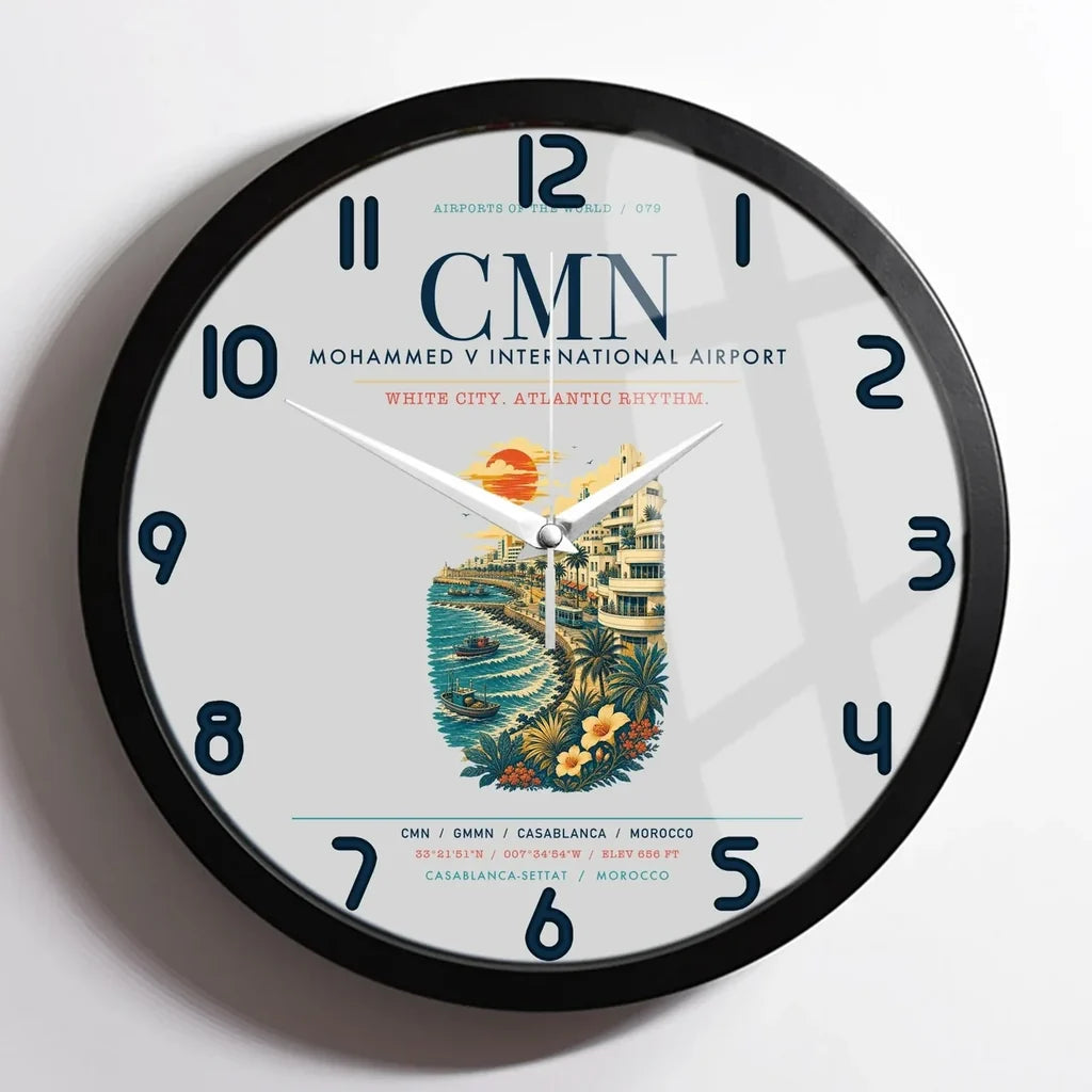 Casablanca Mohammed V International Airport (CMN) design on light gray framed wall clock