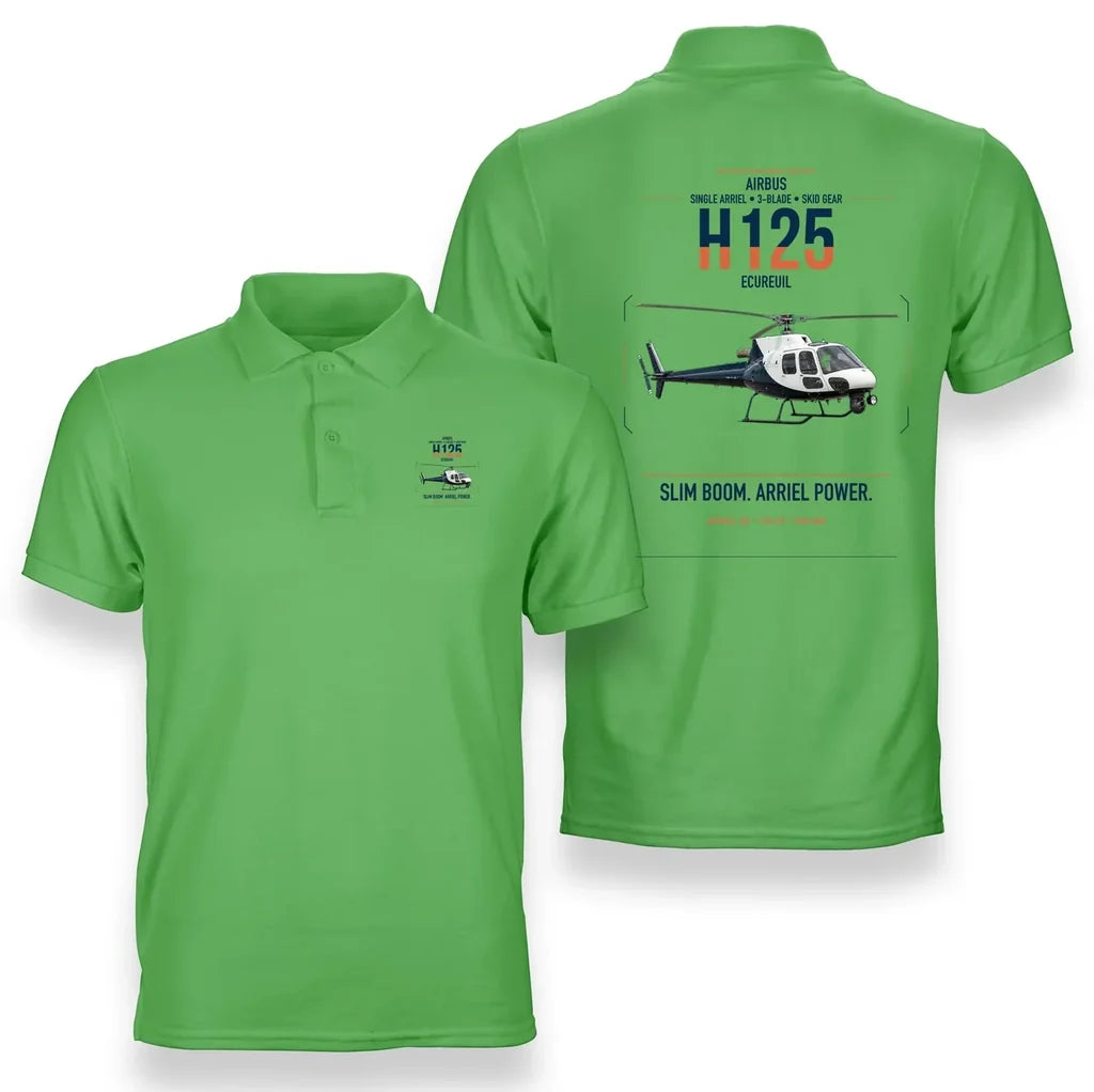 Airbus H125 design on light green double-side polo t-shirt, double-side print