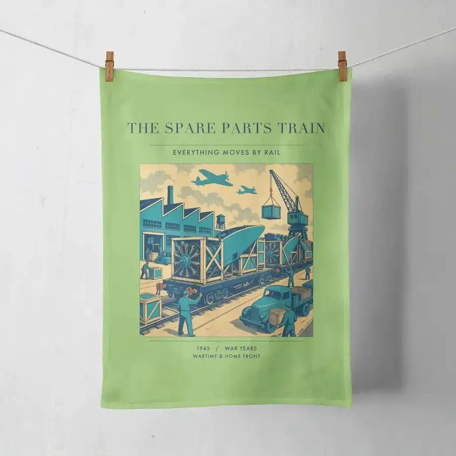 VINTAGE G4527 - The Spare Parts Train - Designed Towels design on lightgreen