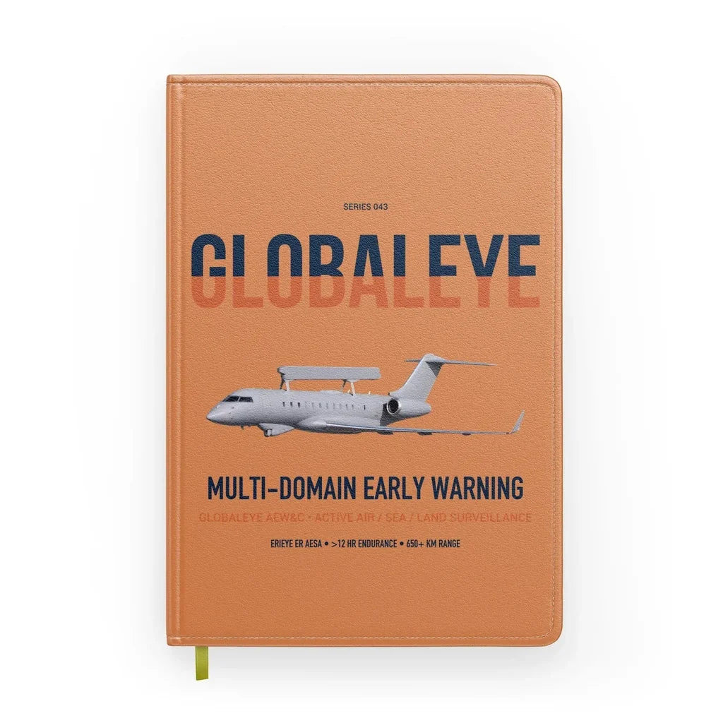 Saab GlobalEye design on orange notebook