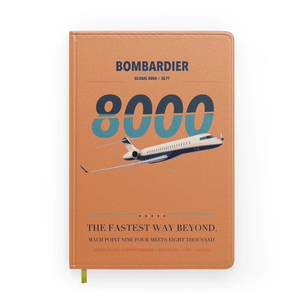 Bombardier Global 8000 design on orange notebook