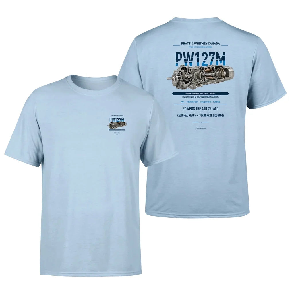 PW127M design on light blue t shirt