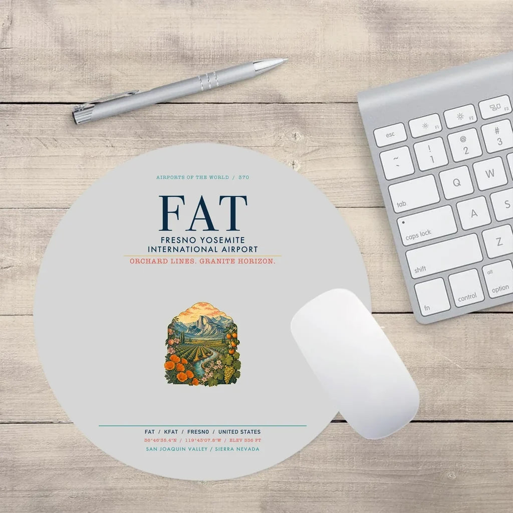 Fresno Yosemite International Airport (FAT) design on light gray round mouse pad