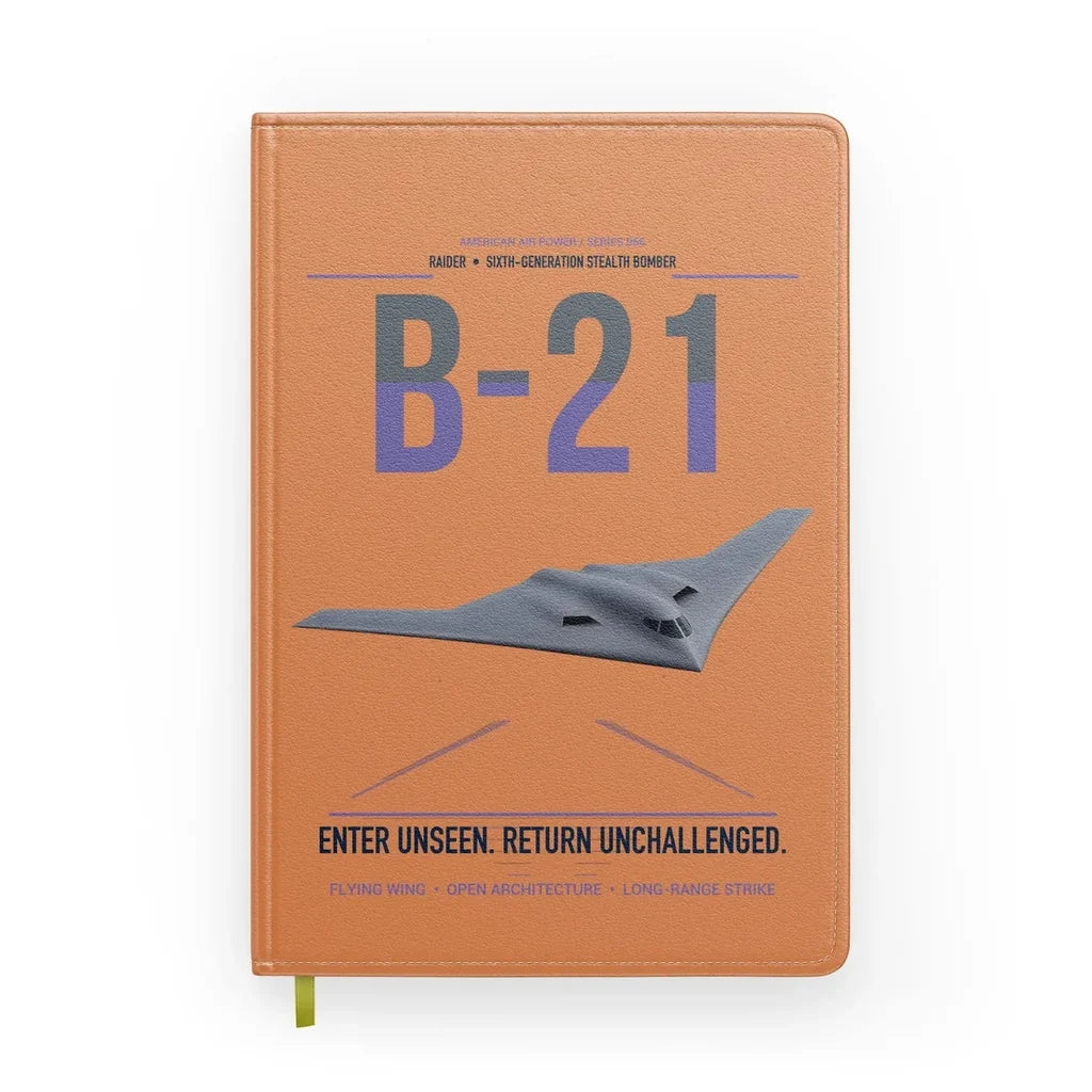 B-21 Raider design on orange notebook