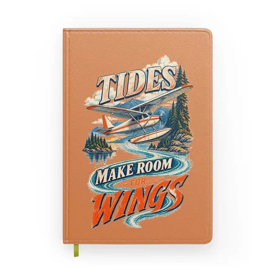 Tides Make Room For Wings design on orange notebook