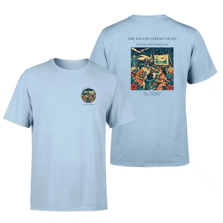 VINTAGE G4442 - The Island Cinema Night - Double-Side T-Shirt design on lightblue double side t shirt