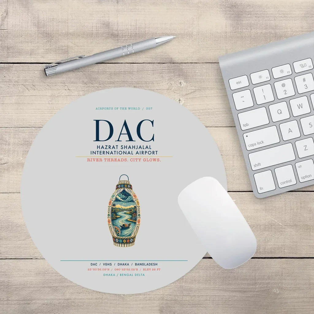 Hazrat Shahjalal International Airport Dhaka (DAC) design on light gray round mouse pad