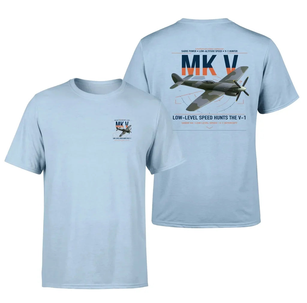 Hawker Tempest Mk V design on light blue t-shirt, double-side print