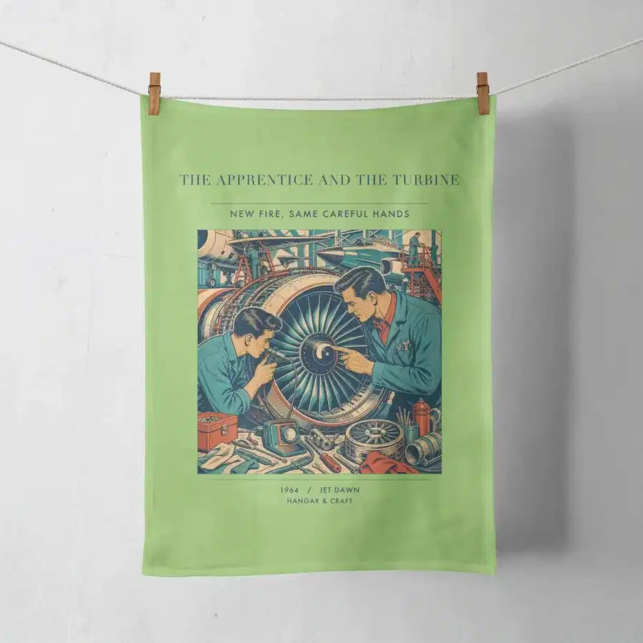VINTAGE G4470 - The Apprentice And The Turbine - Designed Towels design on lightgreen