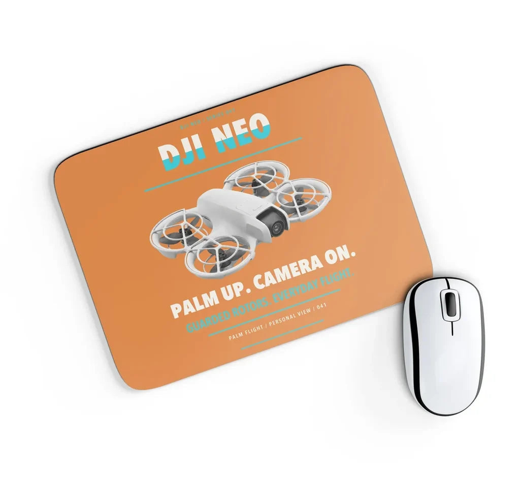 DJI Neo design on orange rectangle mouse pad