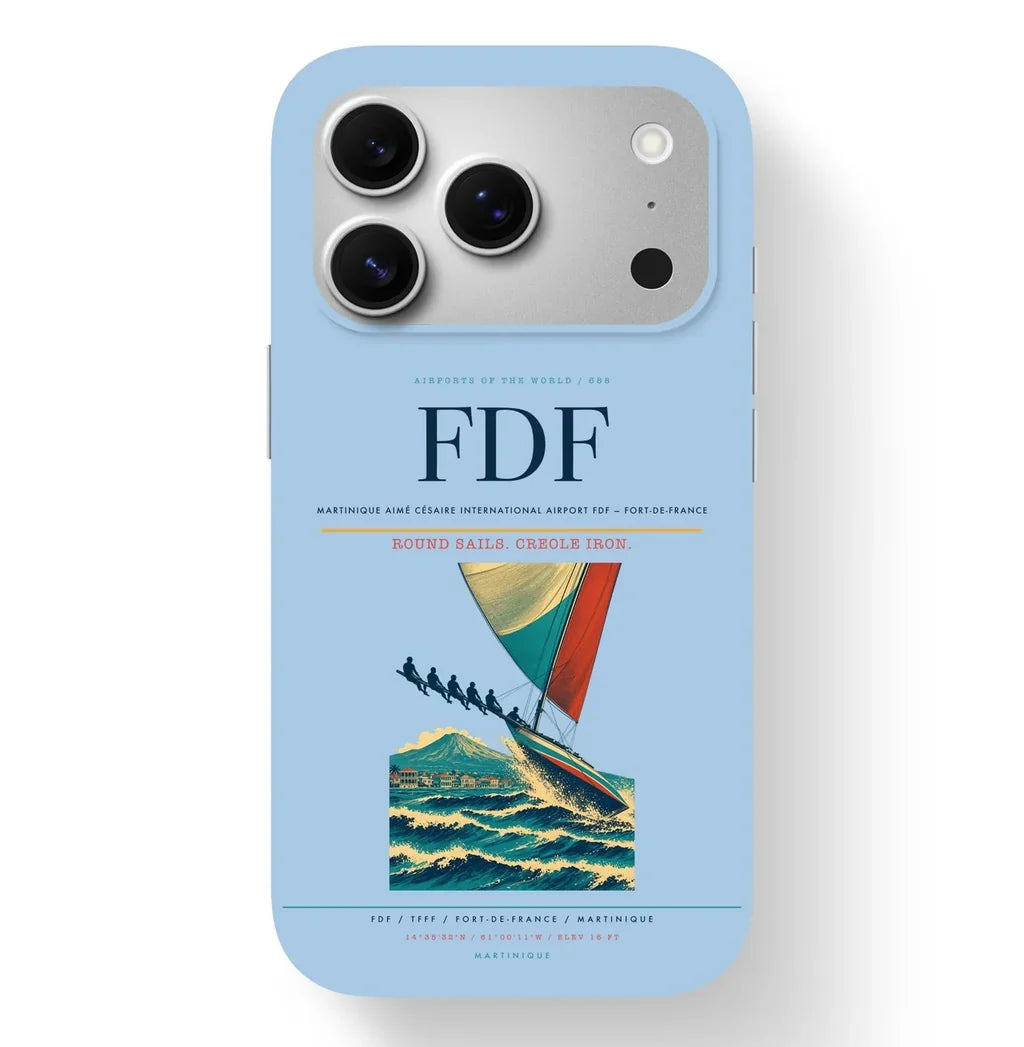 Fort-de-France Airport (FDF) design on light blue iPhone 17 Pro MagSafe case