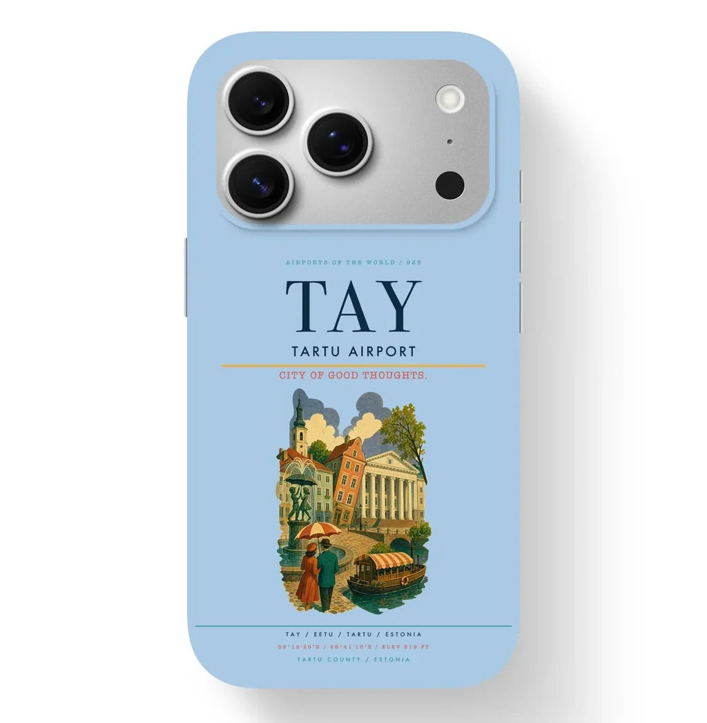 Tartu Airport (TAY) design on light blue iPhone 17 Pro MagSafe case