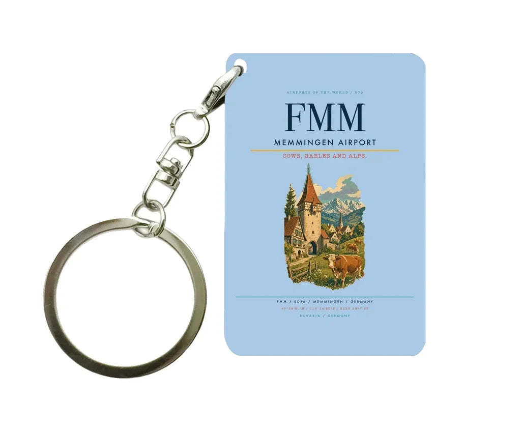 Memmingen Airport (FMM) design on light blue key chain