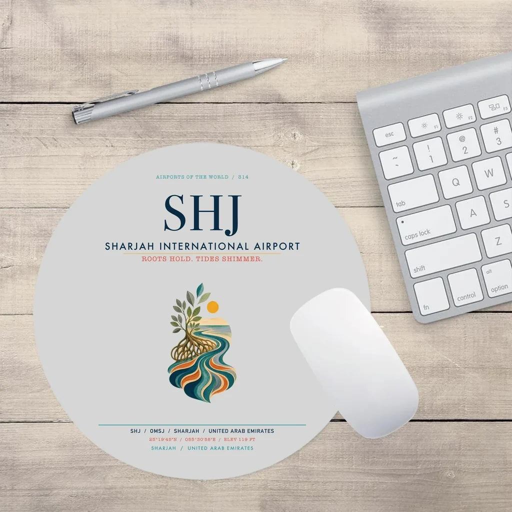 Sharjah International Airport (SHJ) design on light gray round mouse pad