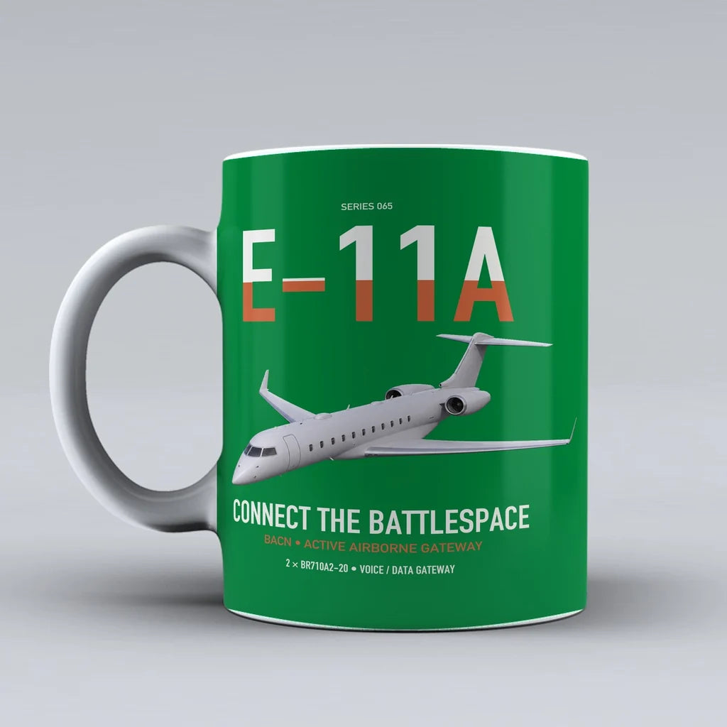 E-11A BACN design on green ceramic mug, double-side print
