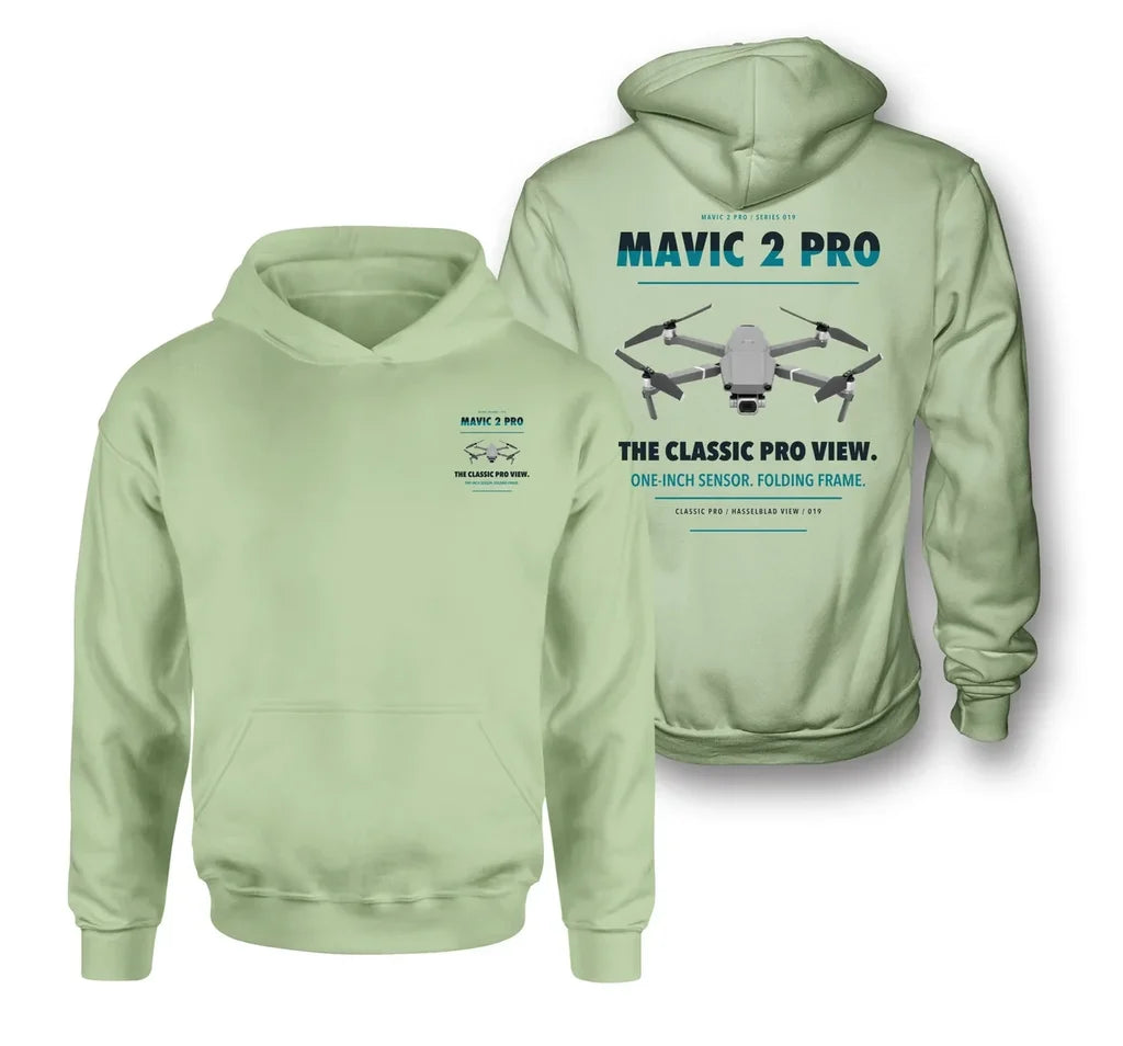 DJI Mavic 2 Pro design on light green hoodie