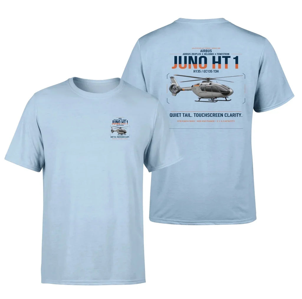 Airbus H135 Juno HT1 design on light blue t-shirt, double-side print