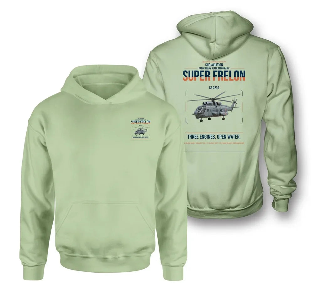Sud Aviation SA 321G Super Frelon design on light green double-side hoodie, double-side print