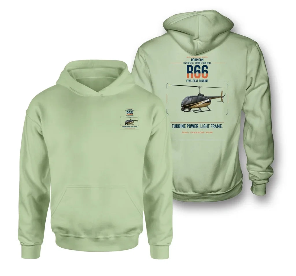Robinson R66 design on light green double-side hoodie, double-side print