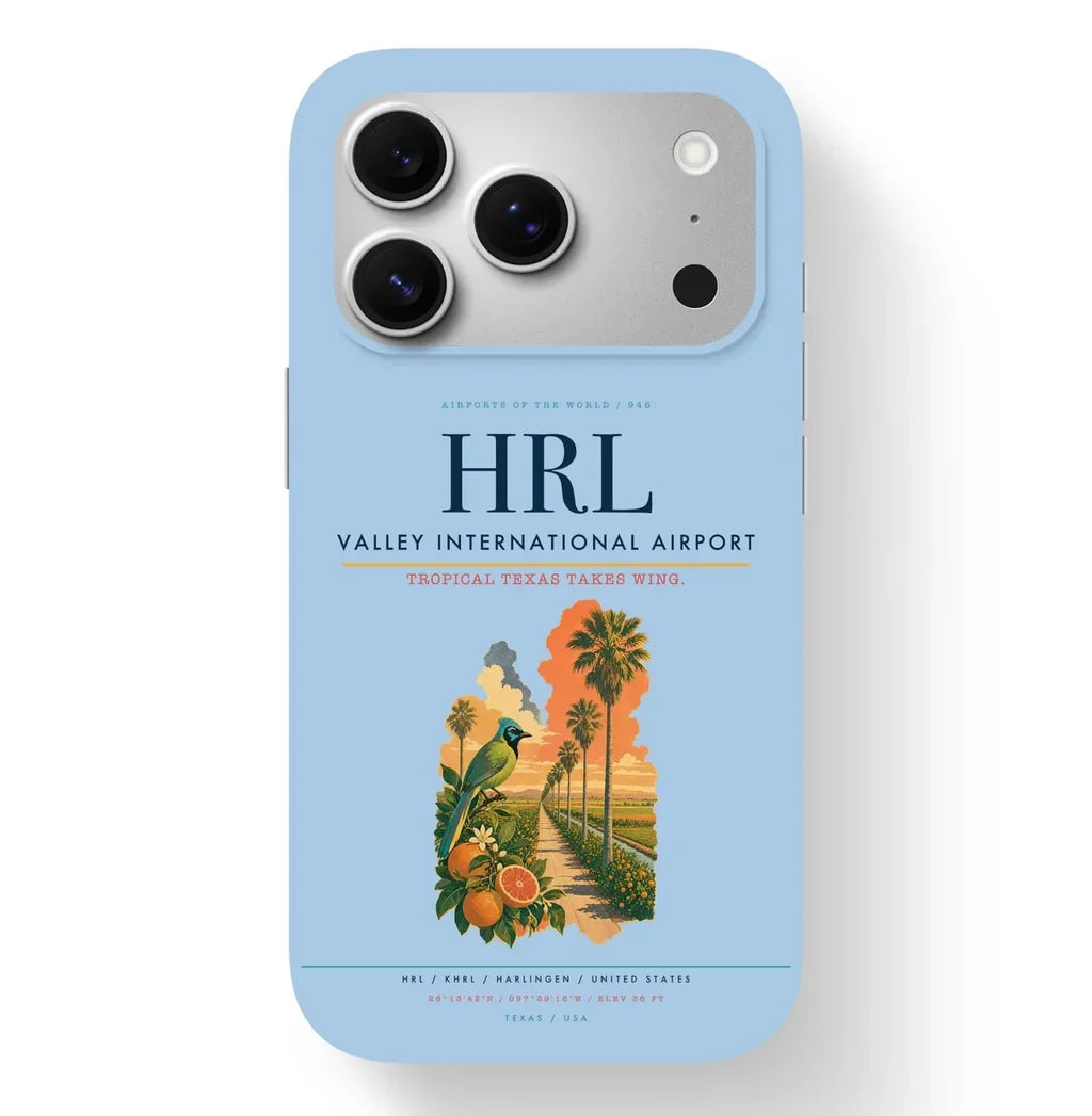 Harlingen Airport (HRL) design on light blue iPhone 17 Pro MagSafe case