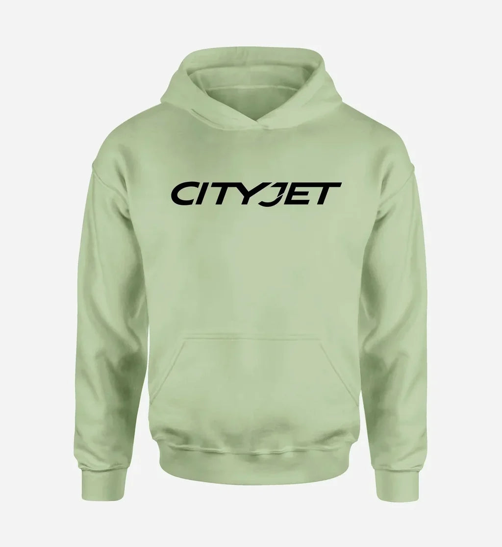 City Jet Airlines logo printed on light green hoodie