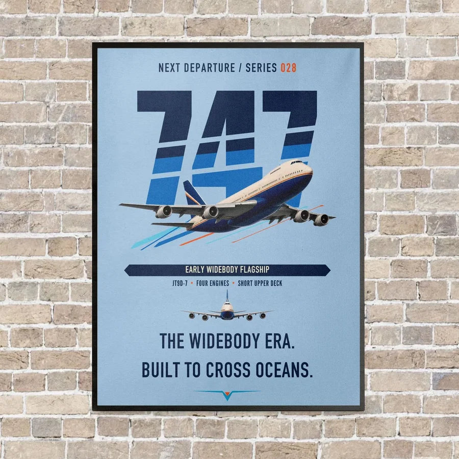 Boeing 747-200B vertical canvas print - framed - light blue background