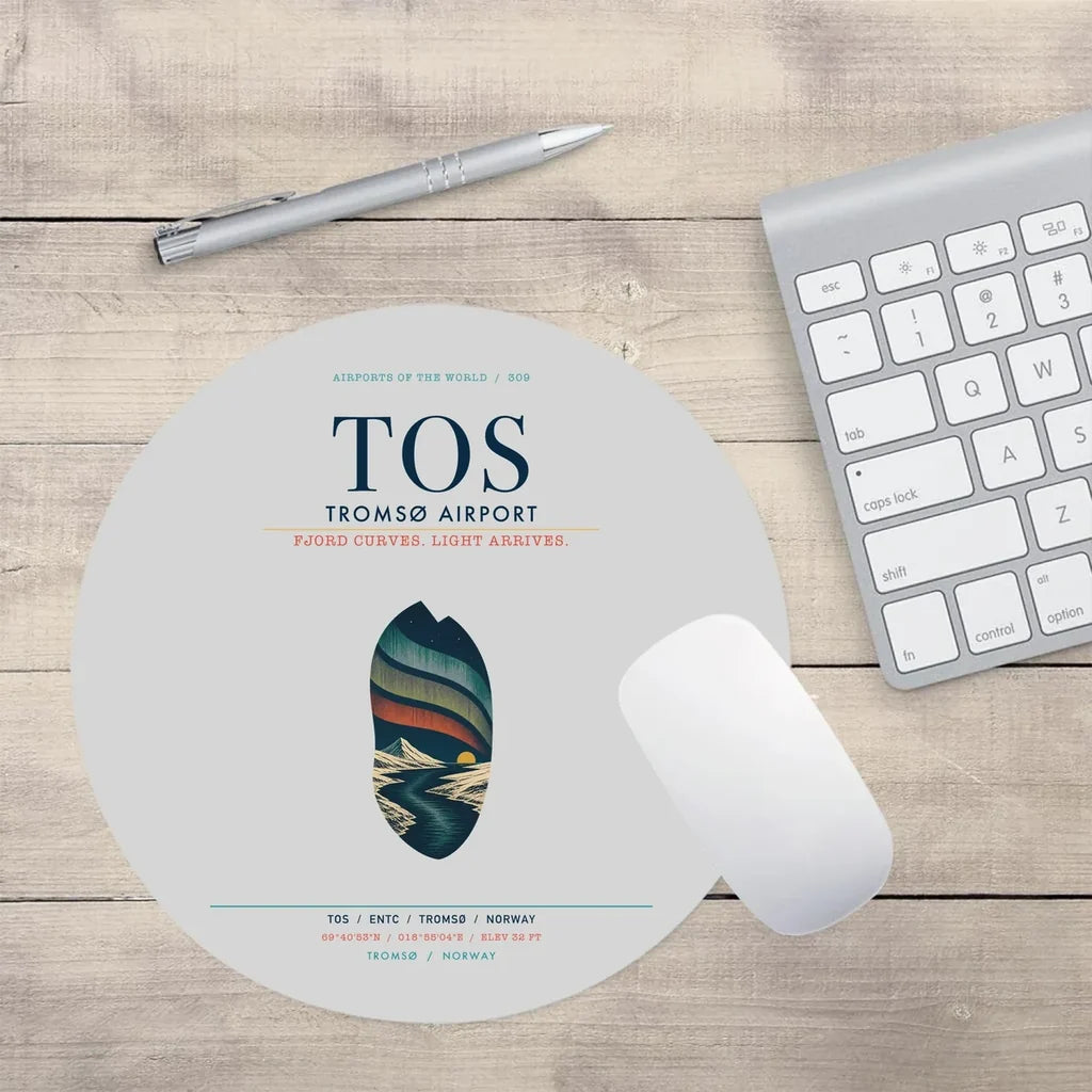 Tromsø Airport (TOS) design on light gray round mouse pad