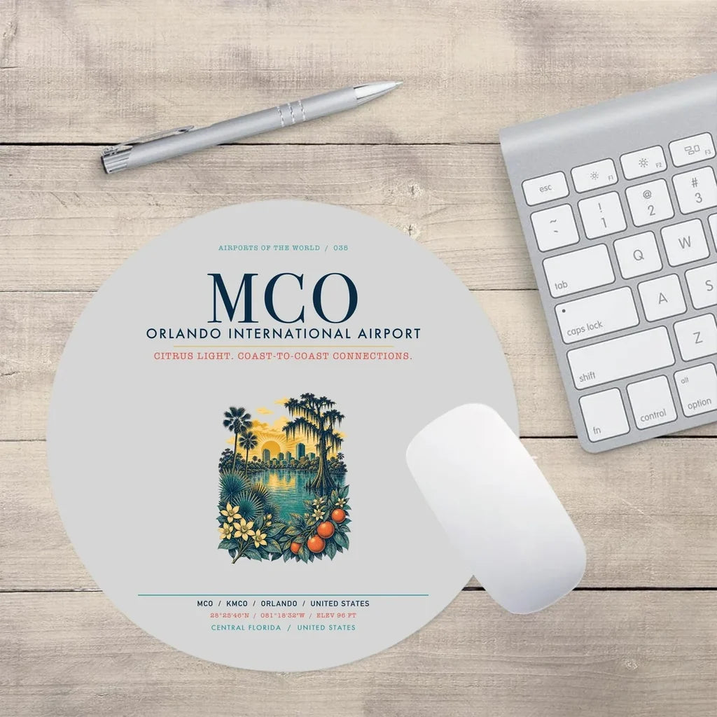 Orlando International Airport (MCO) design on light gray round mouse pad