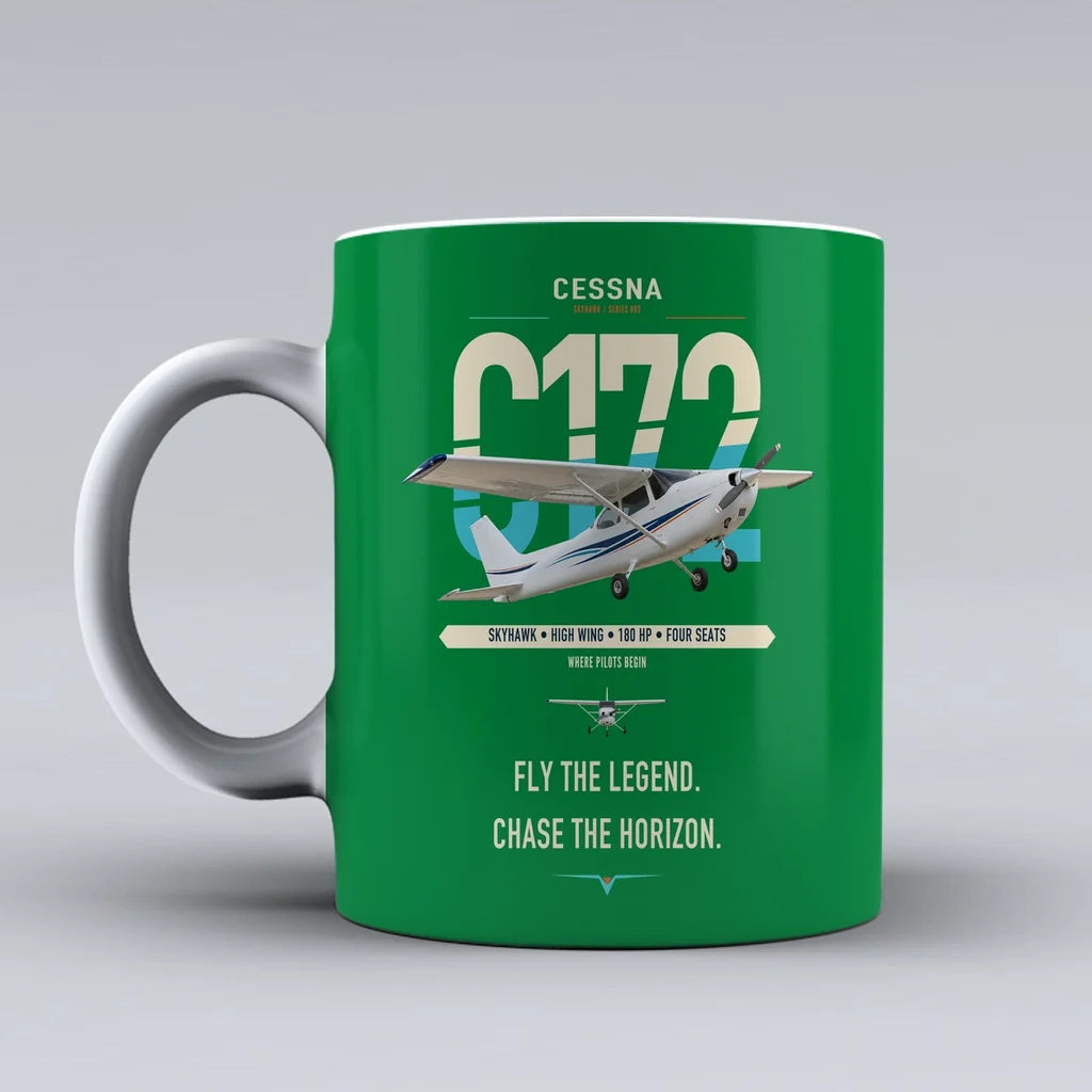 Cessna 172 Skyhawk design on green ceramic mug, double-side print