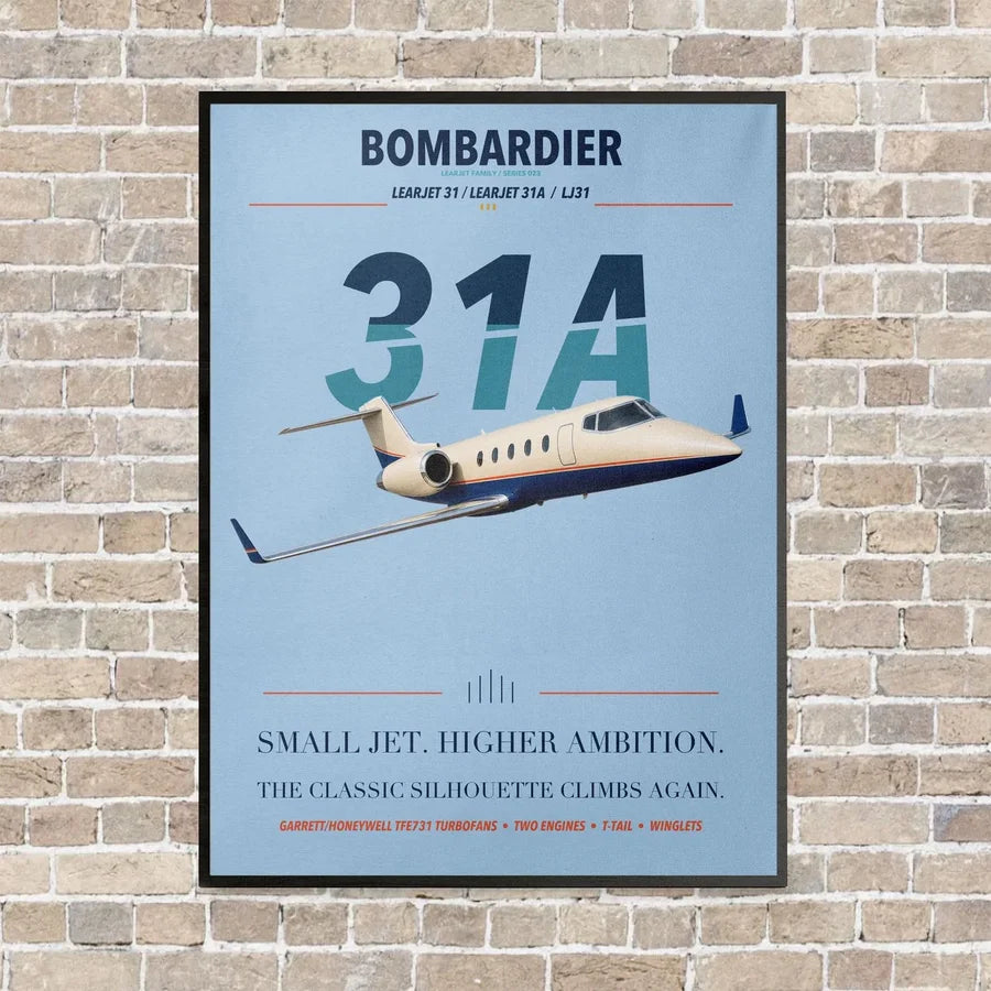 Bombardier Learjet 31A vertical canvas print - framed - light blue background