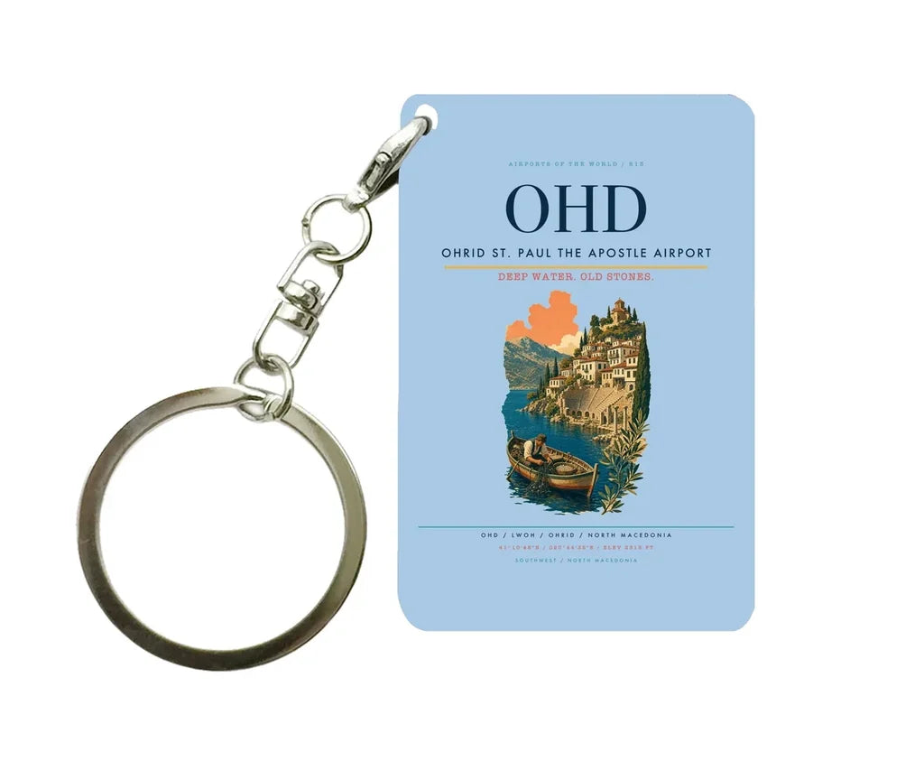 Ohrid St. Paul the Apostle Airport (OHD) design on light blue key chain