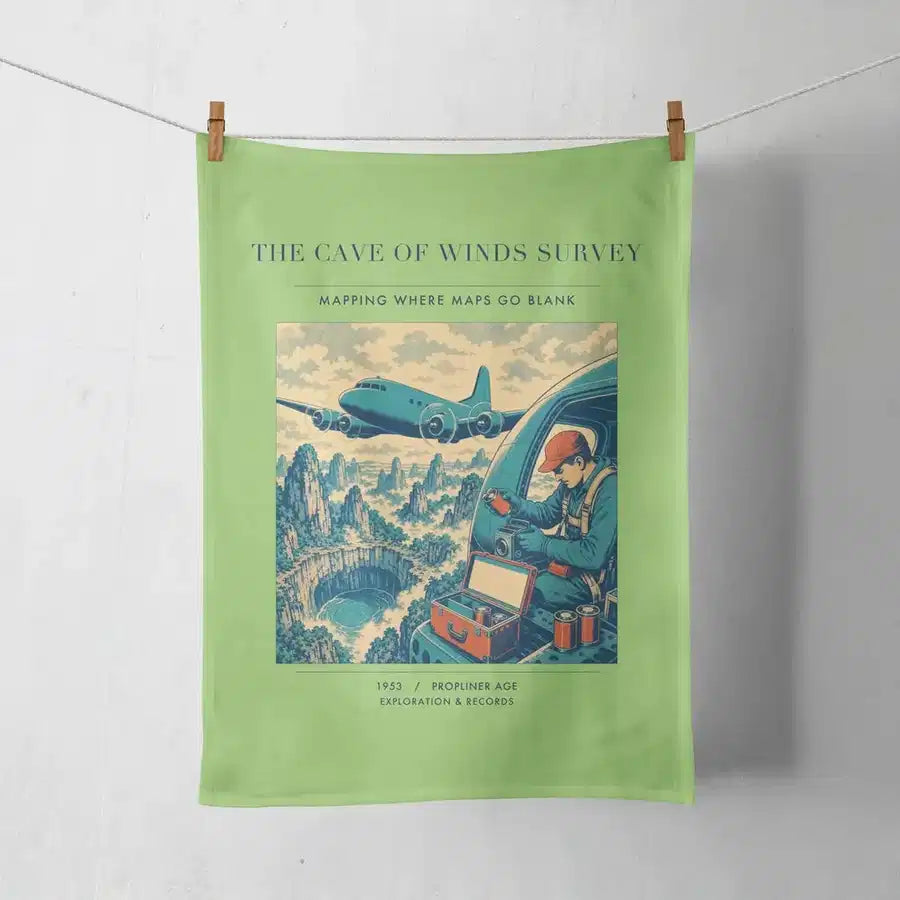 VINTAGE G4293 - The Cave Of Winds Survey - Designed Towels design on lightgreen