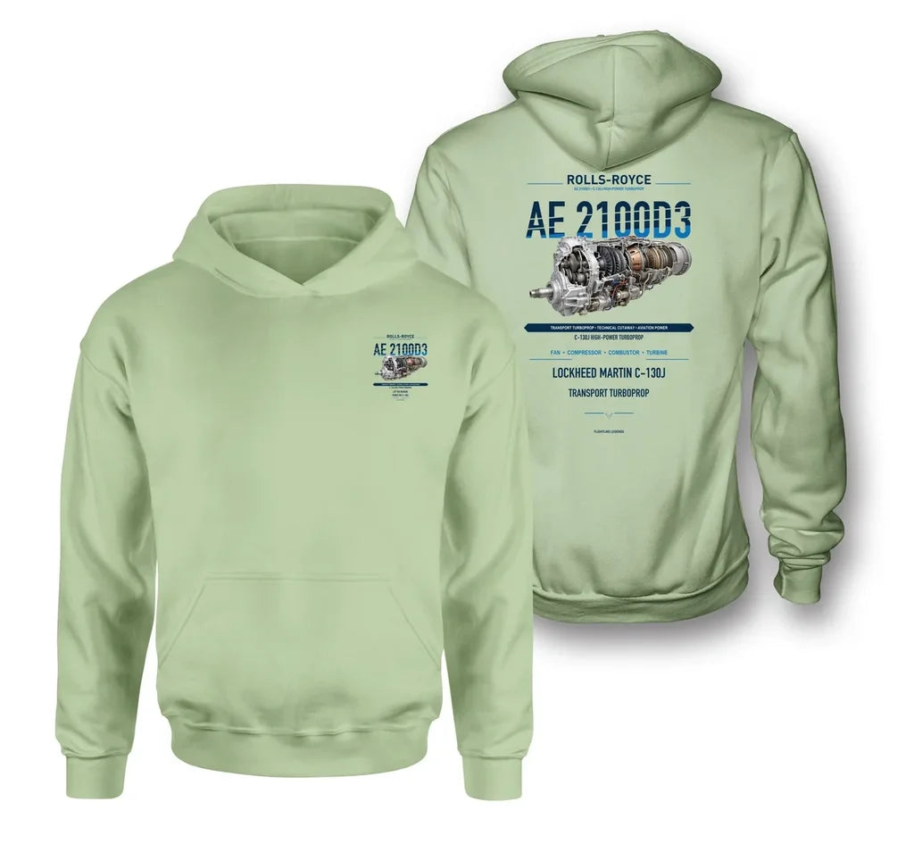 AE 2100D3 design on light green hoodie