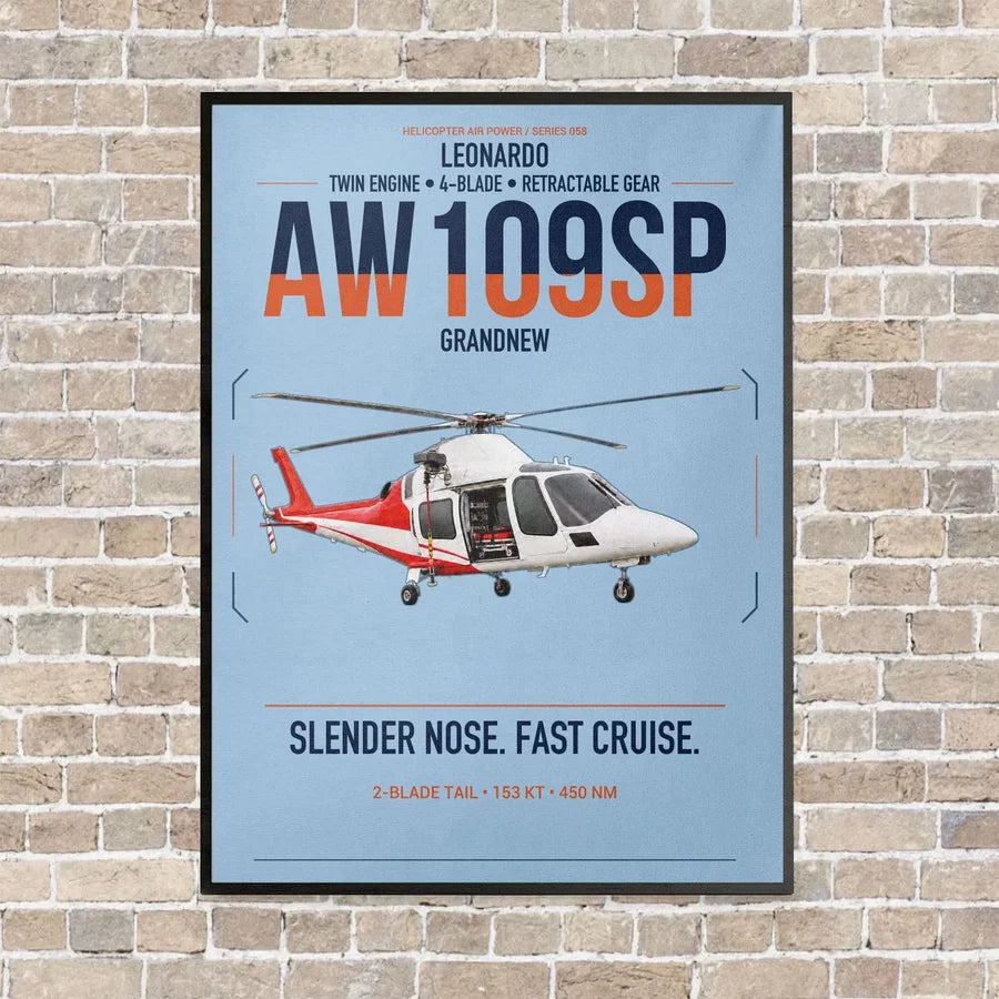 Leonardo AW109SP GrandNew vertical canvas print - framed - light blue background