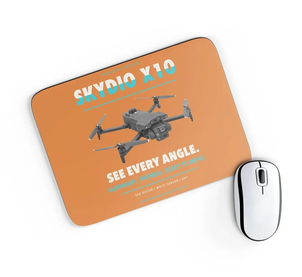 Skydio X10 design on orange rectangle mouse pad