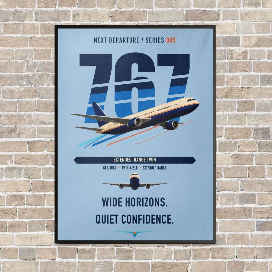 Boeing 767-300ER vertical canvas print - framed - light blue background