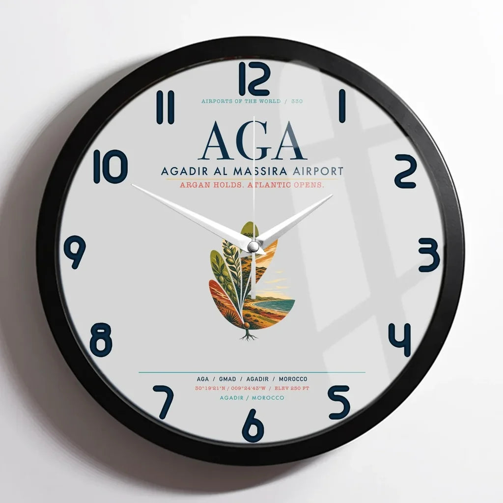 Agadir Al Massira Airport (AGA) design on light gray framed wall clock