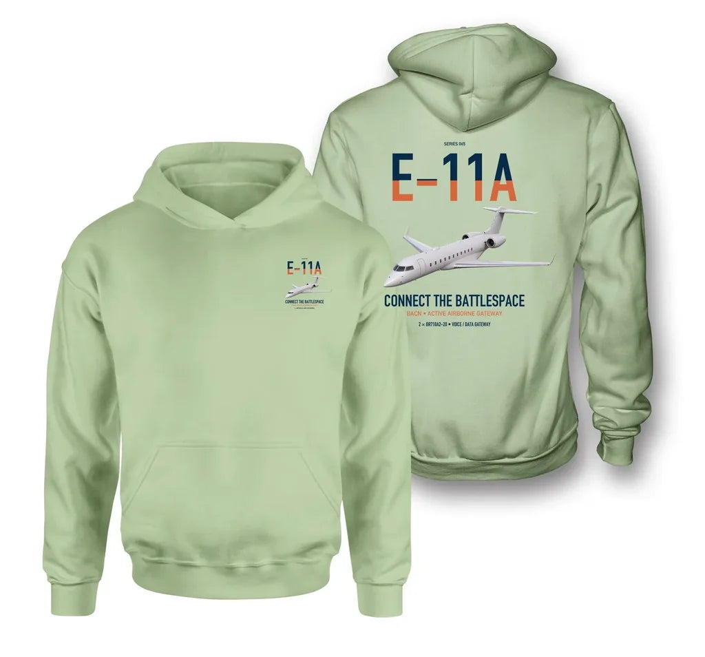 E-11A BACN design on light green double-side hoodie, double-side print