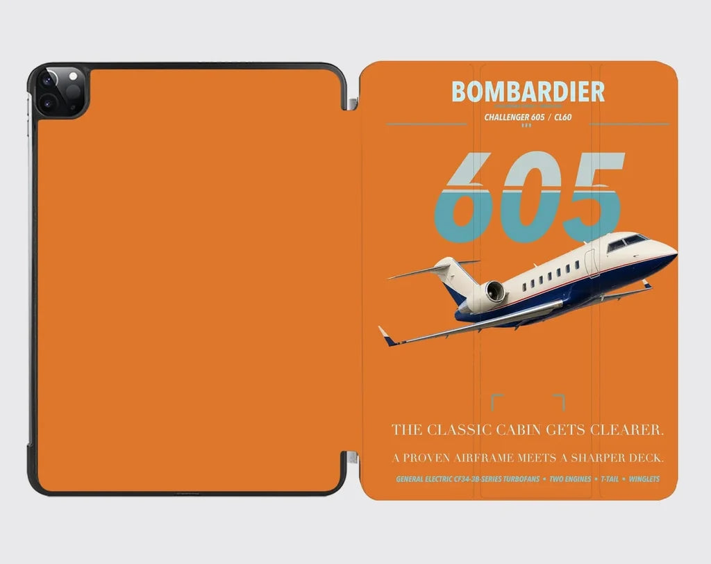Bombardier Challenger 605 design on orange ipad tablet case