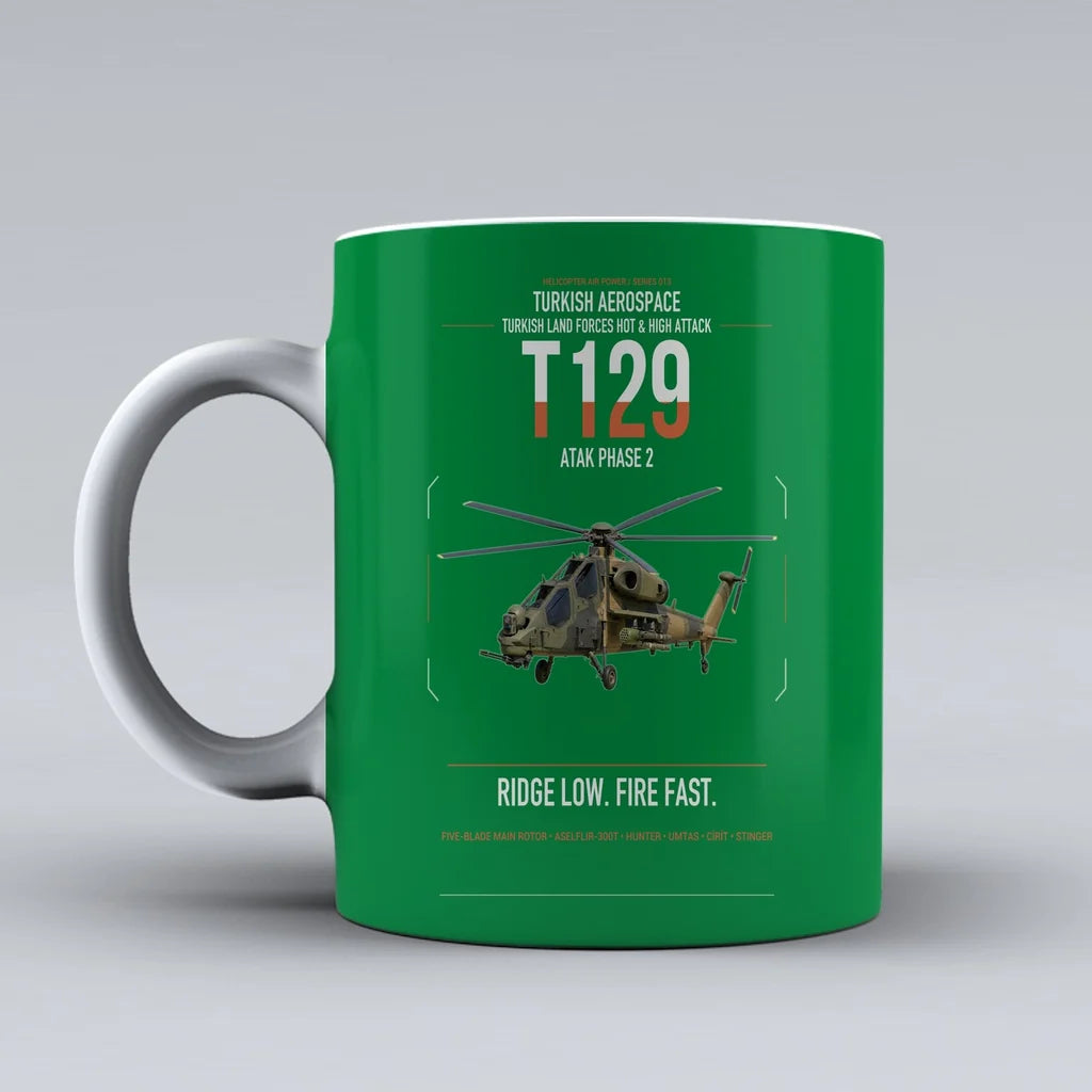Turkish Aerospace T129 ATAK Phase 2 design on green ceramic mug, double-side print