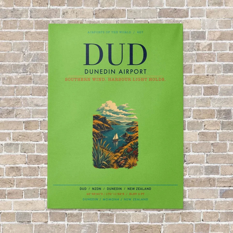Dunedin Airport DUD vertical canvas print - no frame - light green background