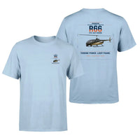 Thumbnail for Robinson R66 design on light blue t-shirt, double-side print