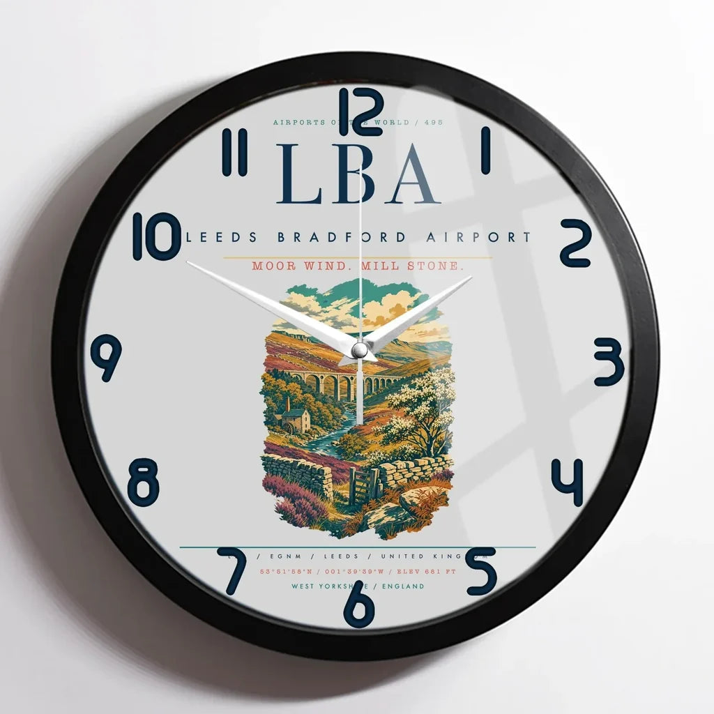 Leeds Bradford Airport (LBA) design on light gray framed wall clock