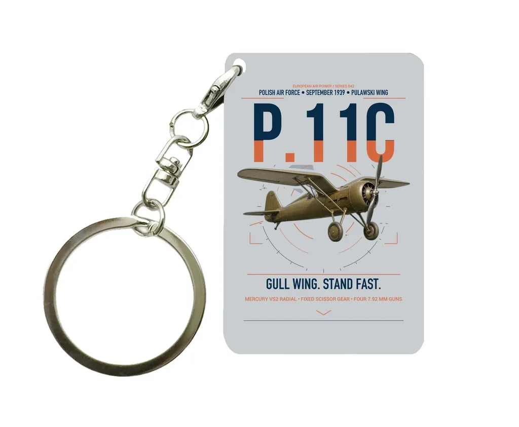 PZL P.11c design on light gray designed key chain, double-side print