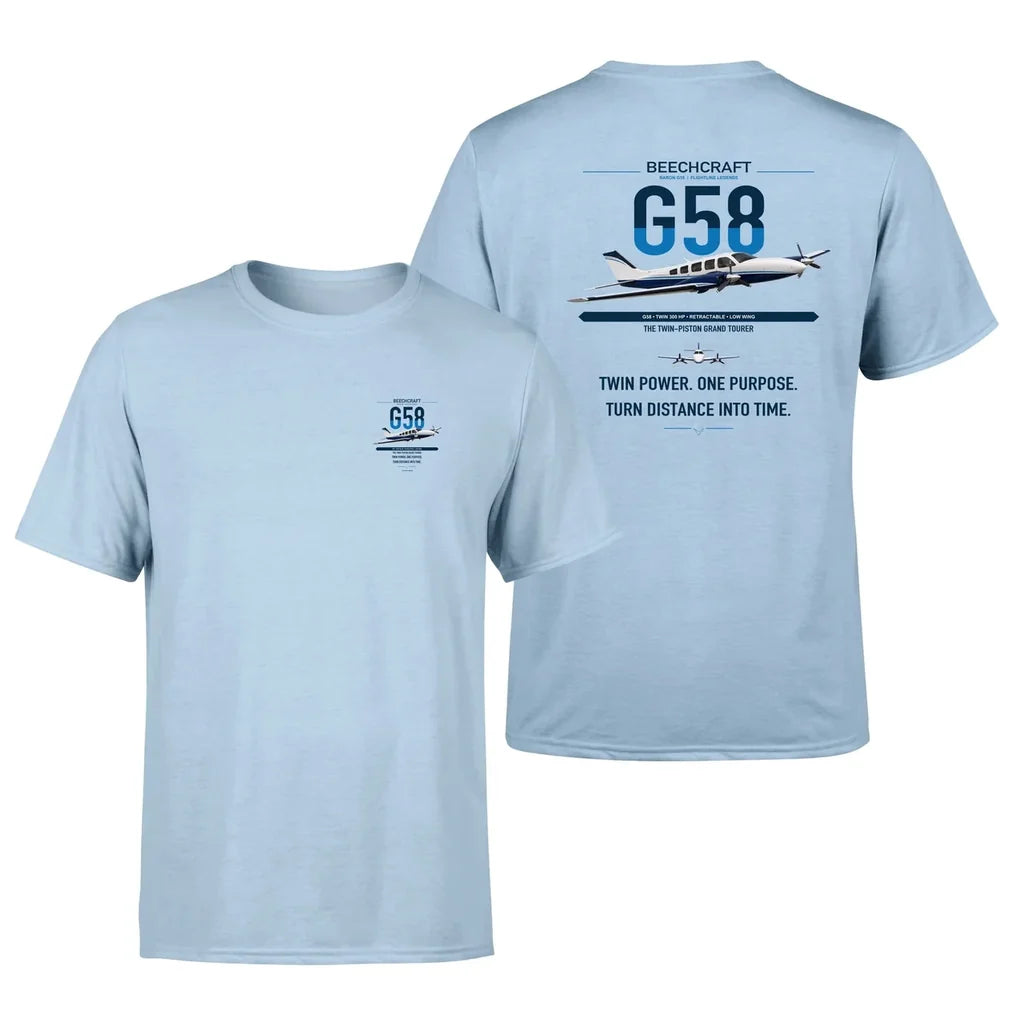 Beechcraft Baron G58 design on light blue t-shirt, double-side print
