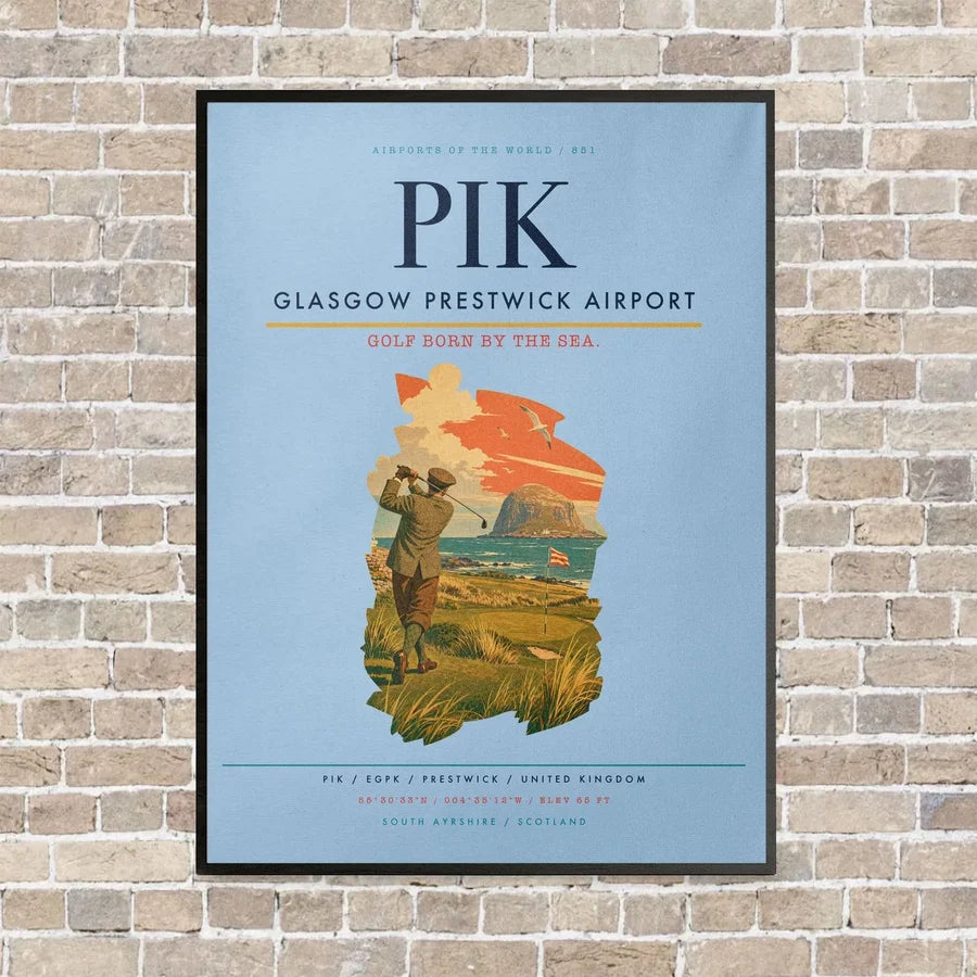 Glasgow Prestwick Airport PIK vertical canvas print - framed - light blue background