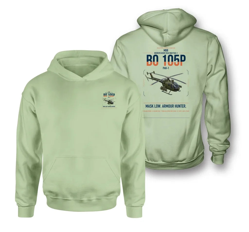 MBB BO 105P PAH-1 design on light green double-side hoodie, double-side print