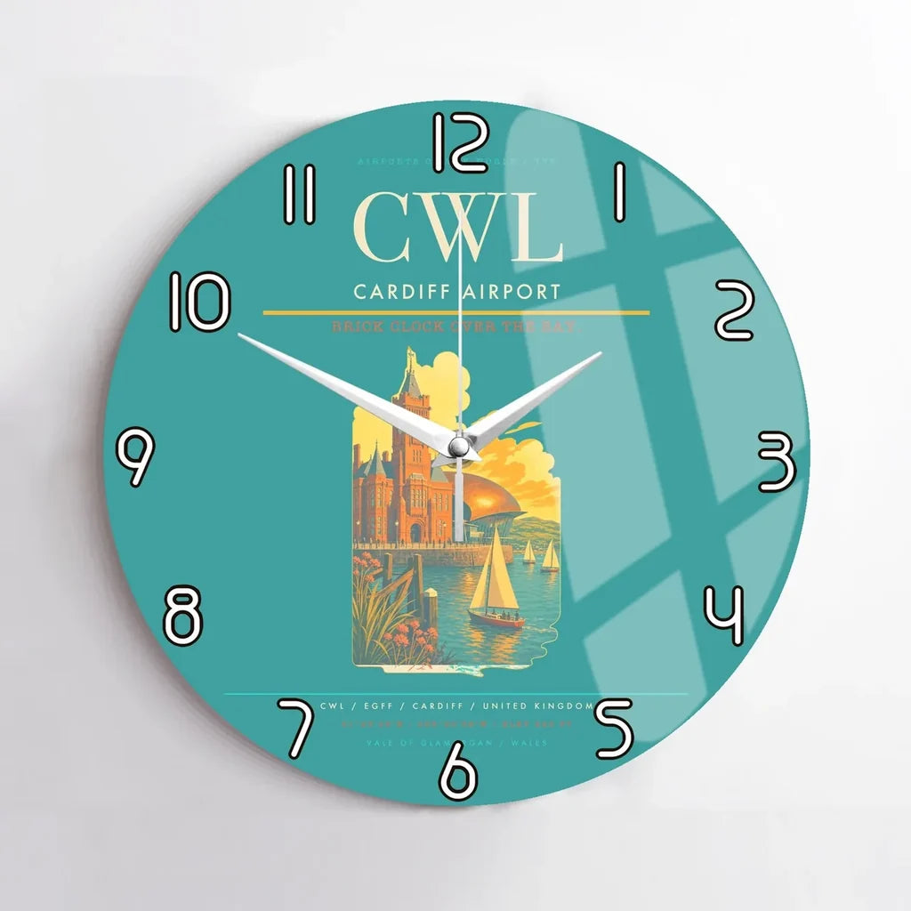 Cardiff Airport (CWL) design on turquoise no frame wall clock