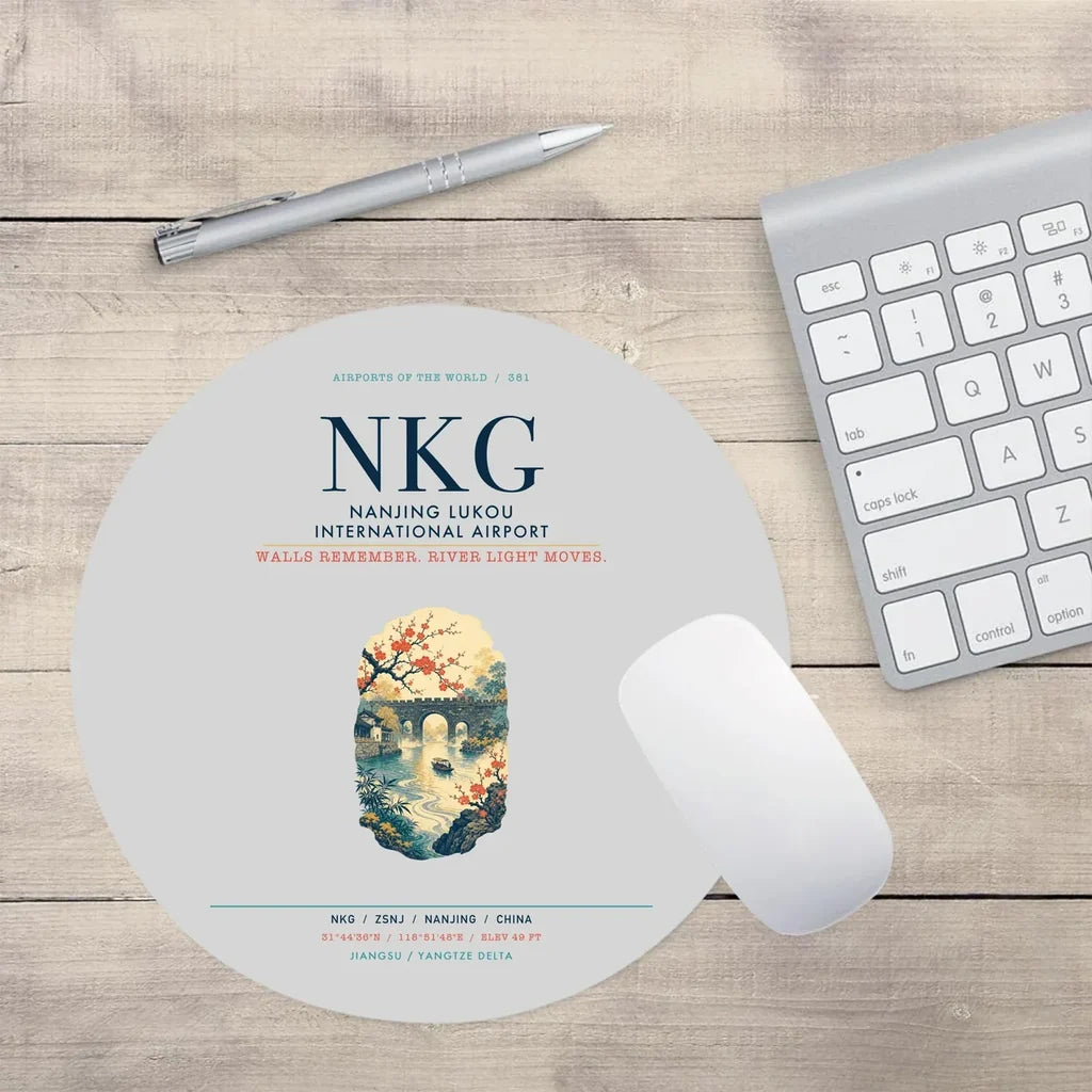 Nanjing Lukou International Airport (NKG) design on light gray round mouse pad